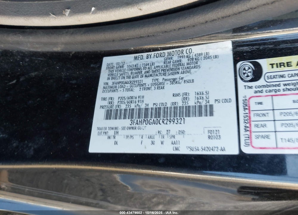 2012 FORD FUSION S VIN: 3FAHP0GA0CR299321
