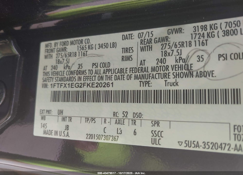 2015 FORD F-150 XLT VIN: 1FTFX1EG2FKE20261