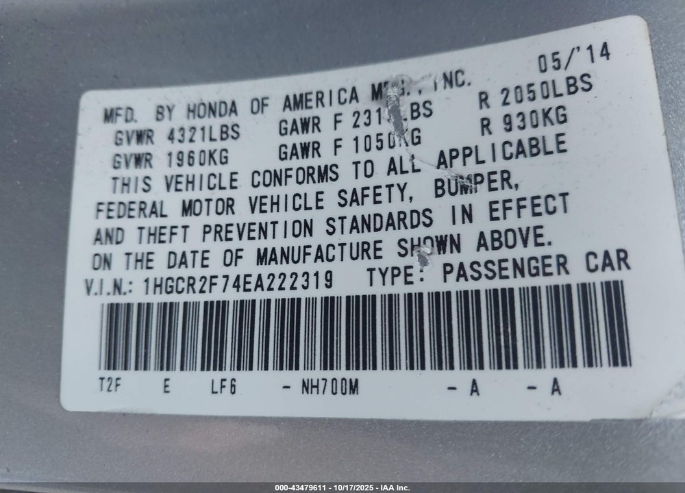 2014 HONDA ACCORD VIN: 1HGCR2F74EA222319
