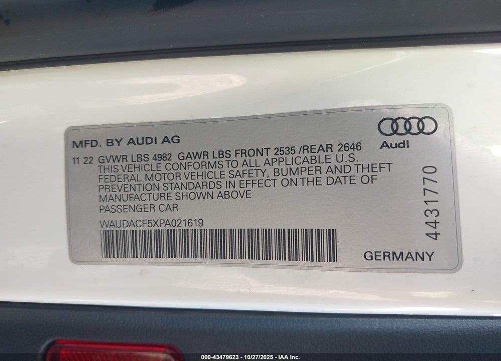 2023 AUDI A5 SPORTBACK VIN: WAUDACF5XPA021619