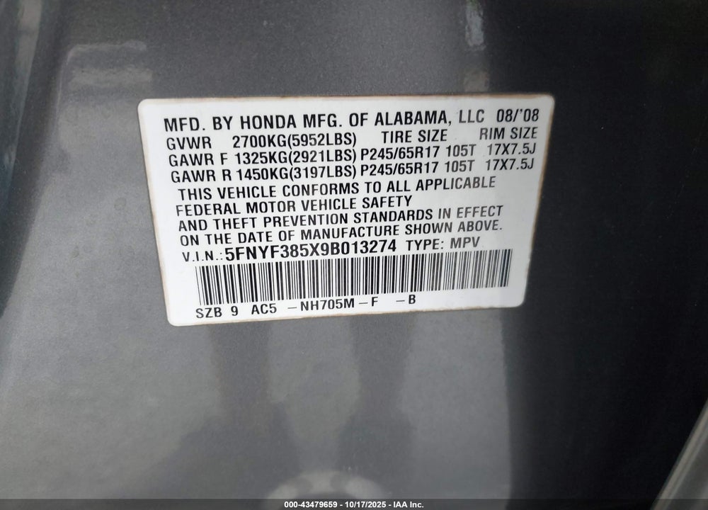 2009 HONDA PILOT EX-L VIN: 5FNYF385X9B013274