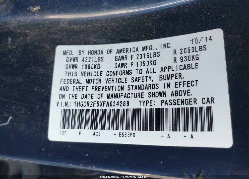 2015 HONDA ACCORD SPORT VIN: 1HGCR2F5XFA034288
