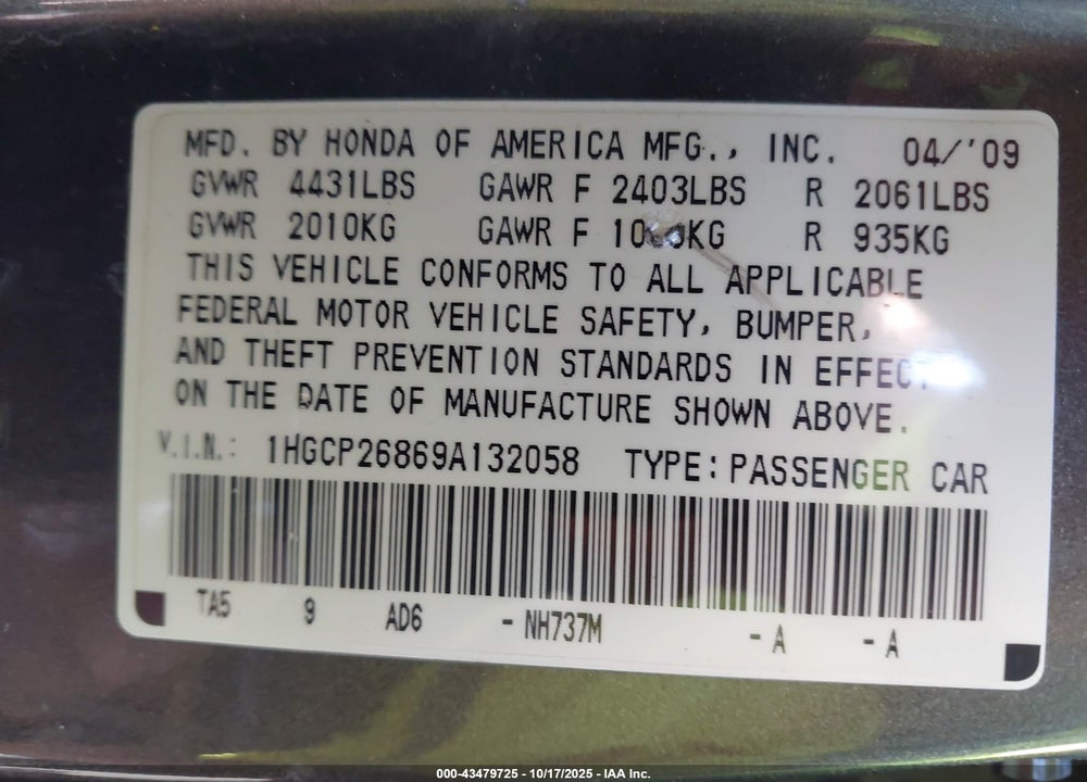 2009 HONDA ACCORD 2.4 EX-L VIN: 1HGCP26869A132058