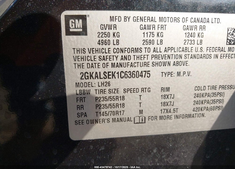 2012 GMC TERRAIN SLE-2 VIN: 2GKALSEK1C6360475