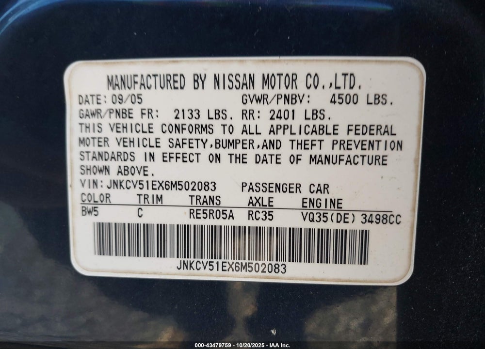 2006 INFINITI G35 VIN: JNKCV51EX6M502083