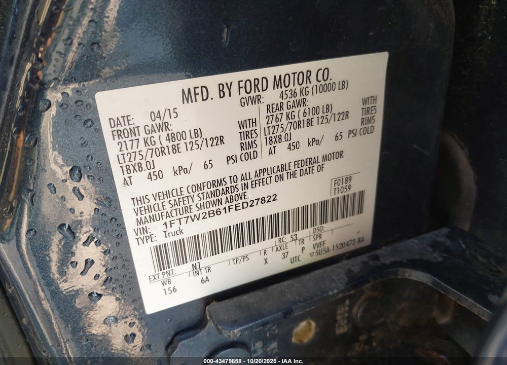 2015 FORD F-250 LARIAT VIN: 1FT7W2B61FED27822