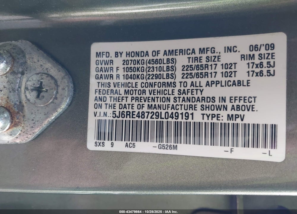 2009 HONDA CR-V EX-L VIN: 5J6RE48729L049191