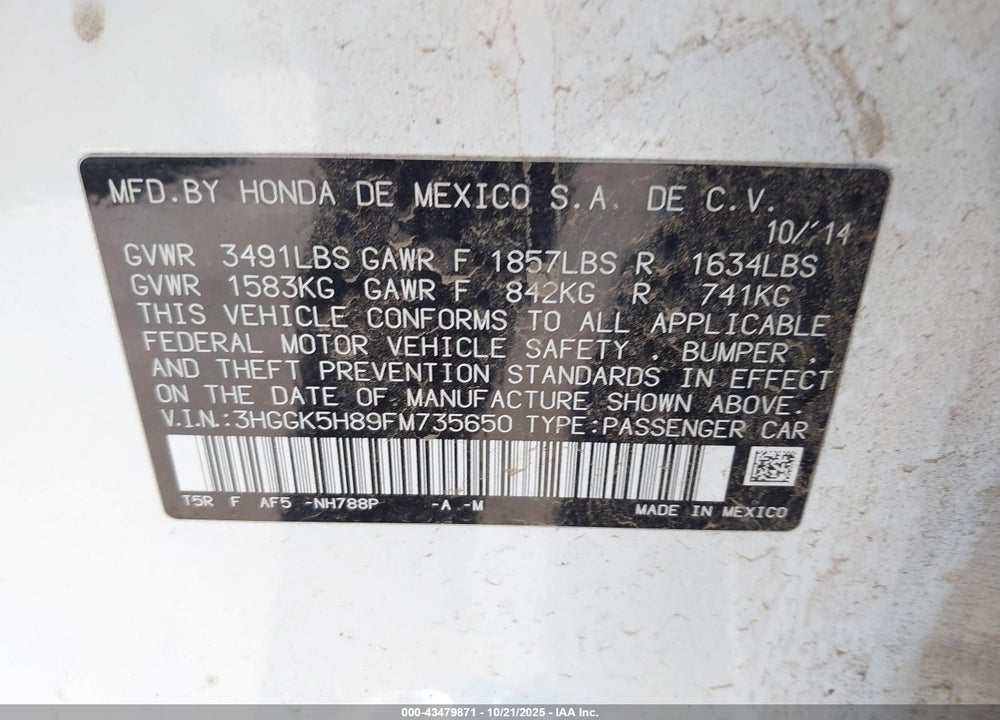 2015 HONDA FIT EX/EX-L VIN: 3HGGK5H89FM735650