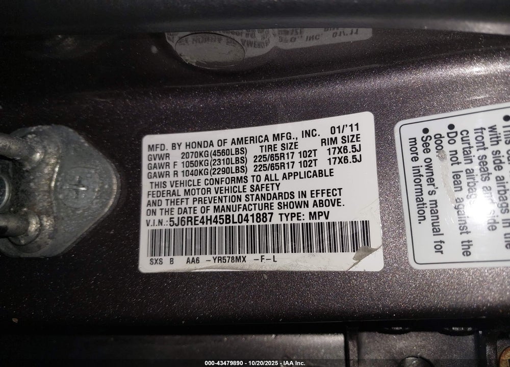 2011 HONDA CR-V SE VIN: 5J6RE4H45BL041887