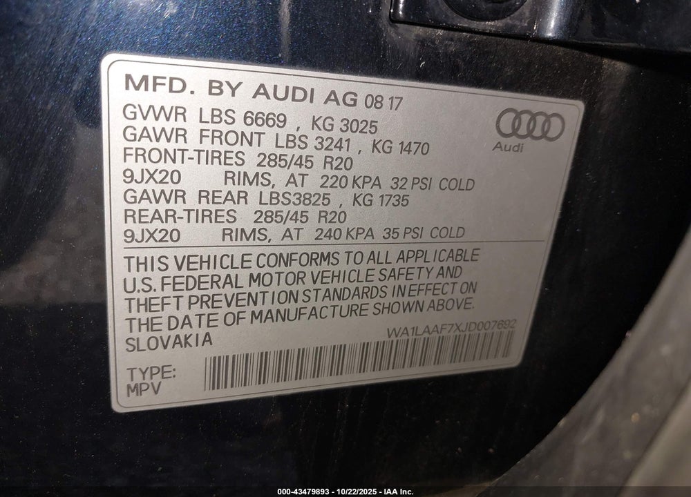 2018 AUDI Q7 VIN: WA1LAAF7XJD007692