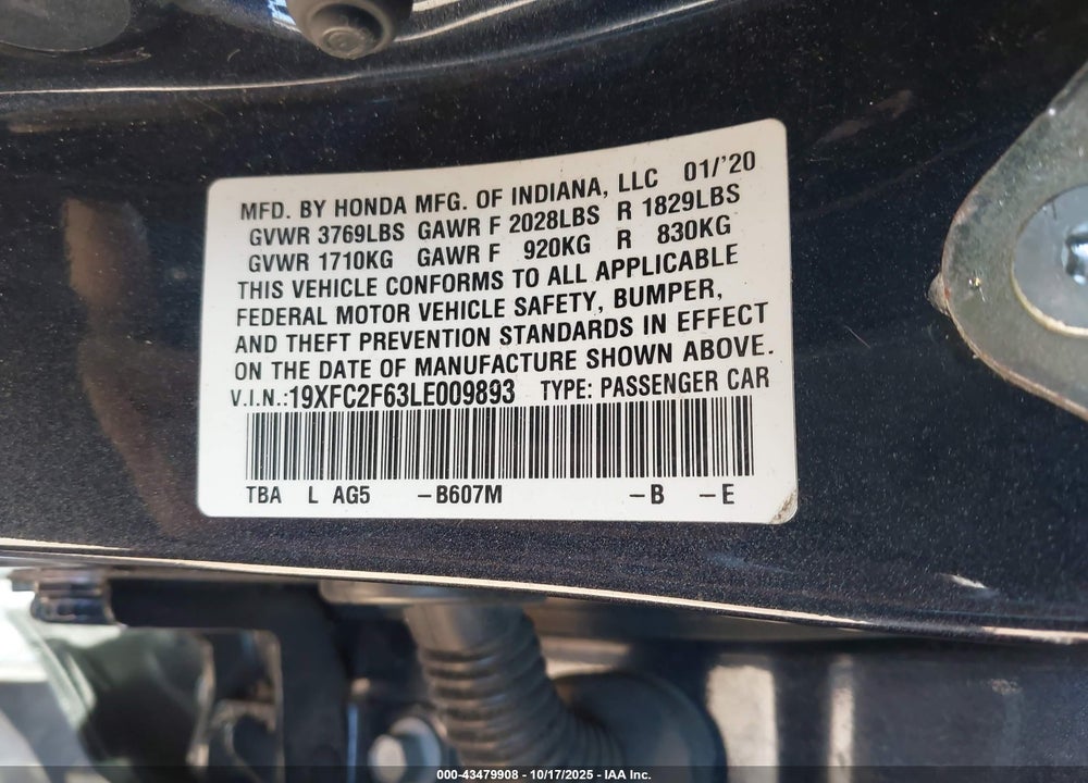 2020 HONDA CIVIC LX VIN: 19XFC2F63LE009893