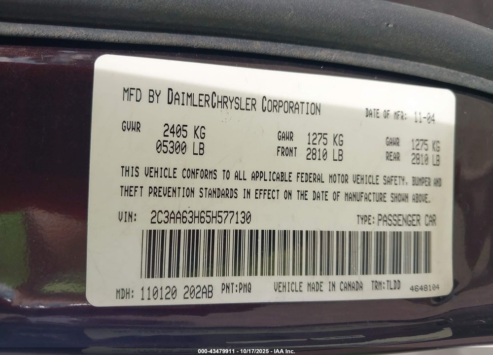 2005 CHRYSLER 300C VIN: 2C3AA63H65H577130