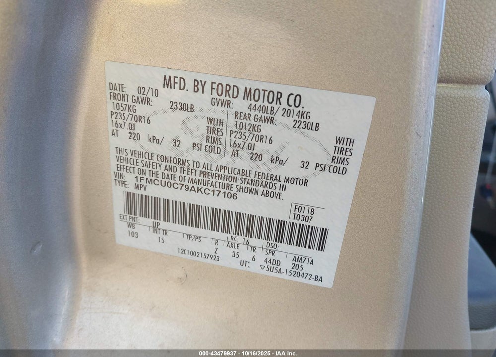 2010 FORD ESCAPE XLS VIN: 1FMCU0C79AKC17106