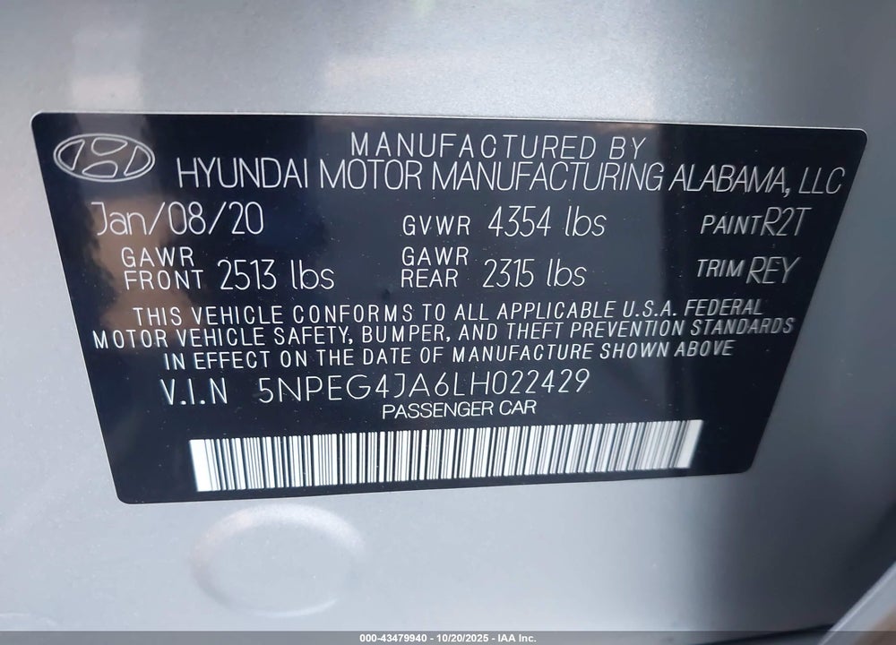 2020 HYUNDAI SONATA SE VIN: 5NPEG4JA6LH022429