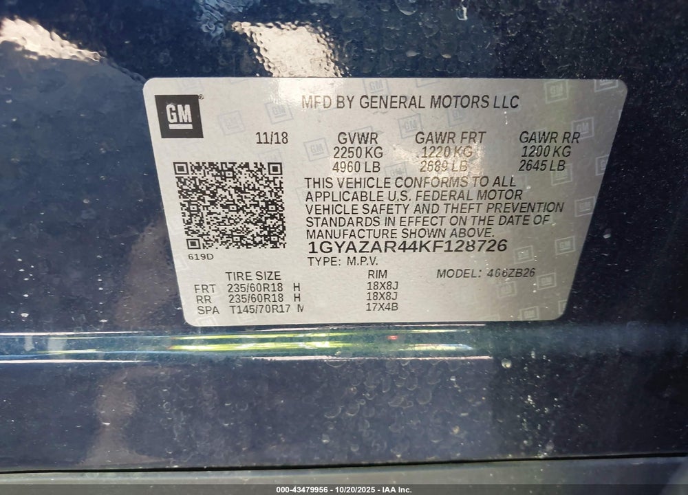 2019 CADILLAC XT4 LUXURY VIN: 1GYAZAR44KF128726