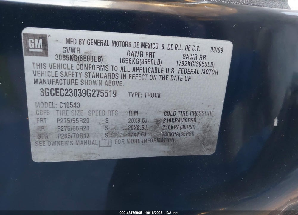 2009 CHEVROLET SILVERADO 1500 LT VIN: 3GCEC23039G275519