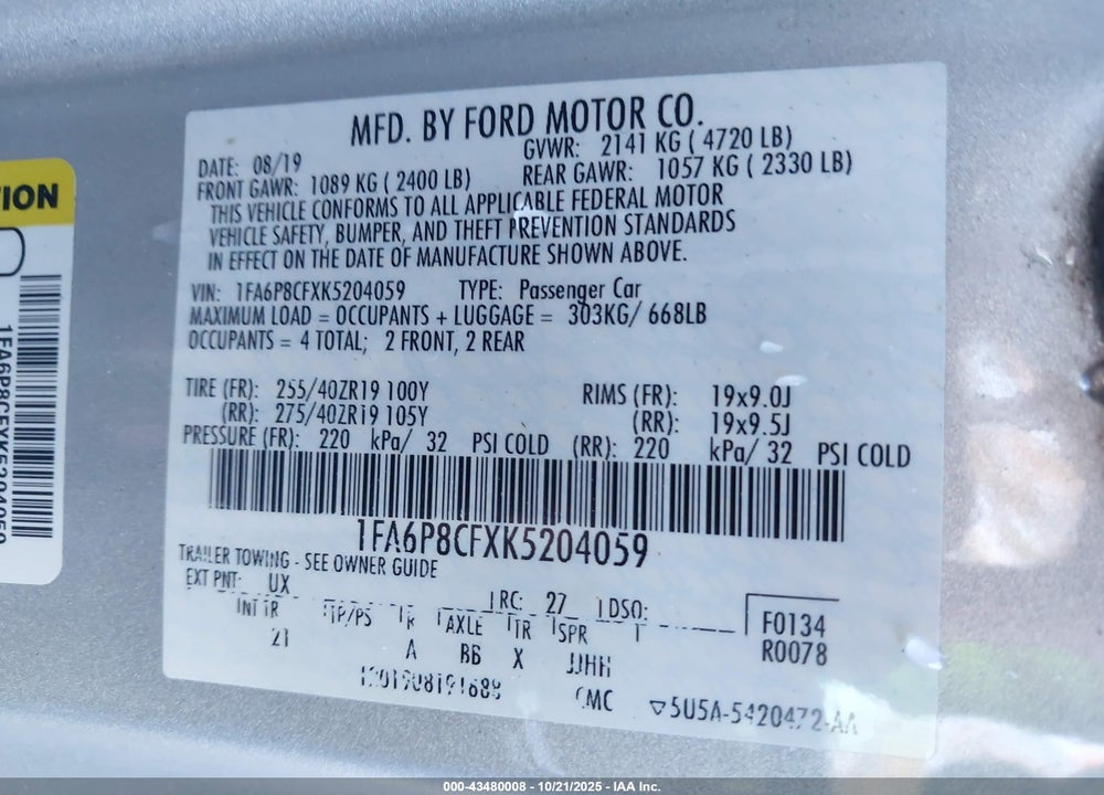 2019 FORD MUSTANG GT VIN: 1FA6P8CFXK5204059