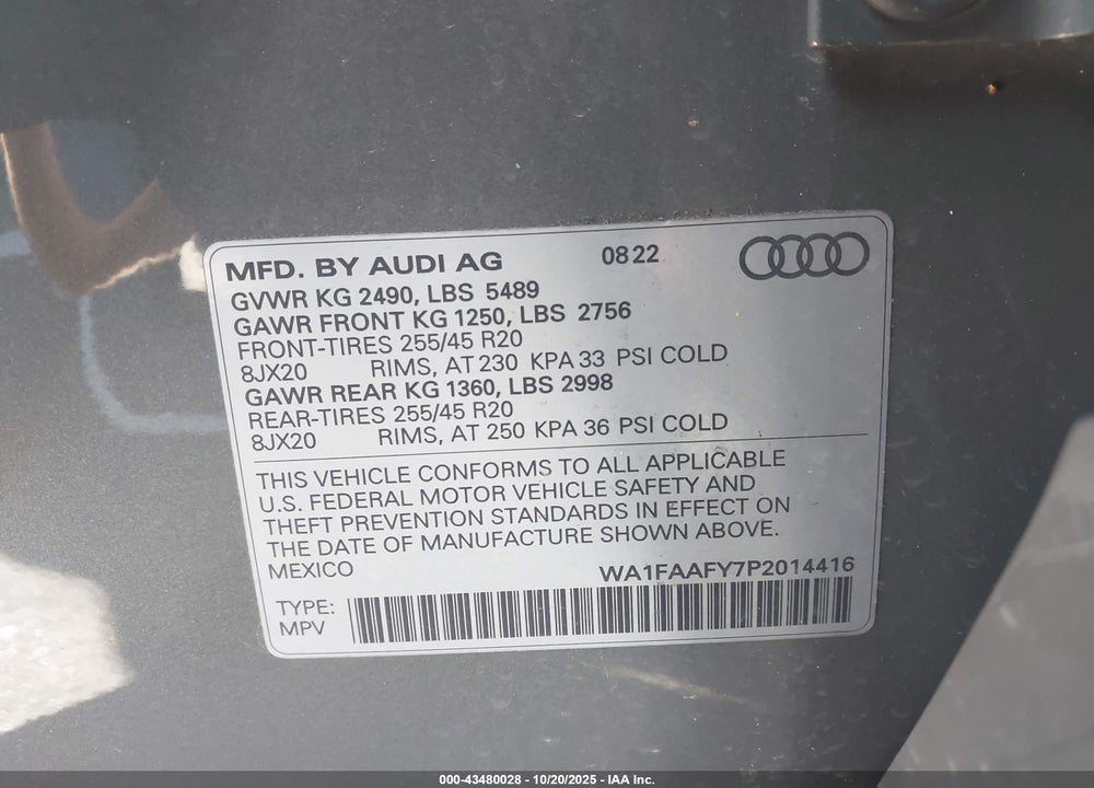 2023 AUDI Q5 VIN: WA1FAAFY7P2014416