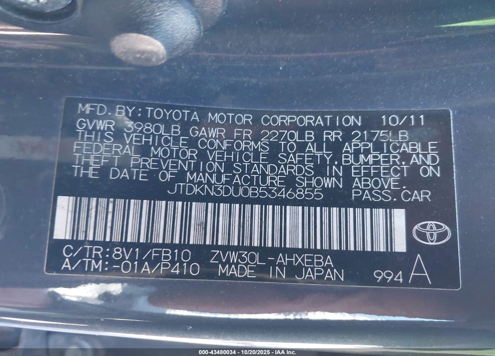 2011 TOYOTA PRIUS VIN: JTDKN3DU0B5346855