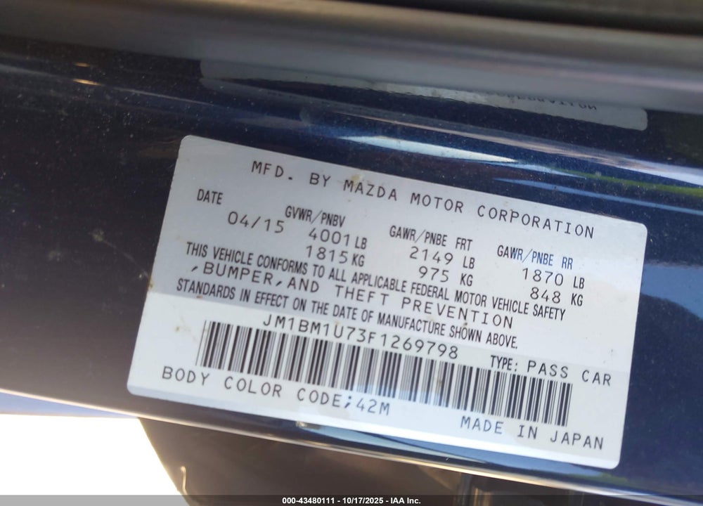 2015 MAZDA 3 I SPORT VIN: JM1BM1U73F1269798