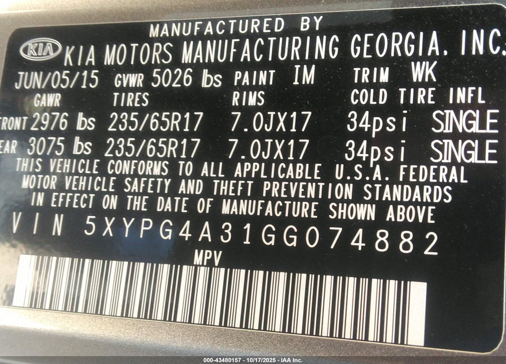 2016 KIA SORENTO VIN: 5XYPG4A31GG074882