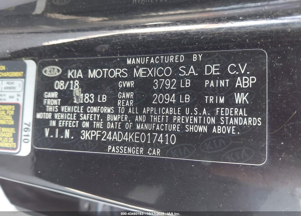 2019 KIA FORTE LXS VIN: 3KPF24AD4KE017410
