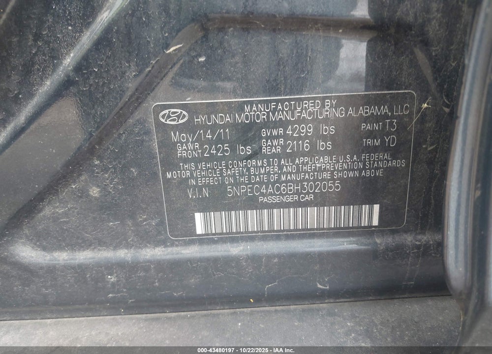 2011 HYUNDAI SONATA LIMITED VIN: 5NPEC4AC6BH302055