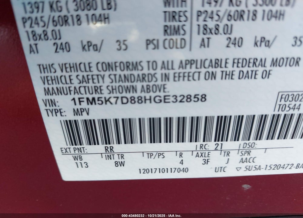 2017 FORD EXPLORER VIN: 1FM5K7D88HGE32858