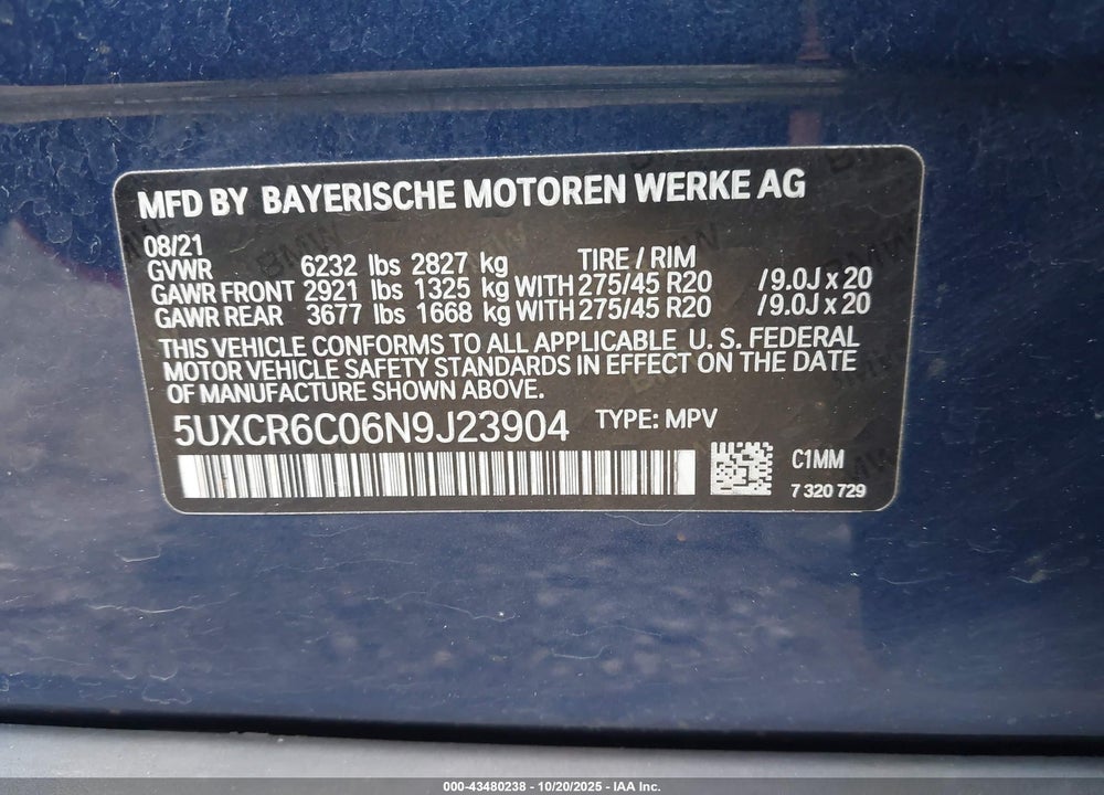 2022 BMW X5 XDRIVE40I VIN: 5UXCR6C06N9J23904