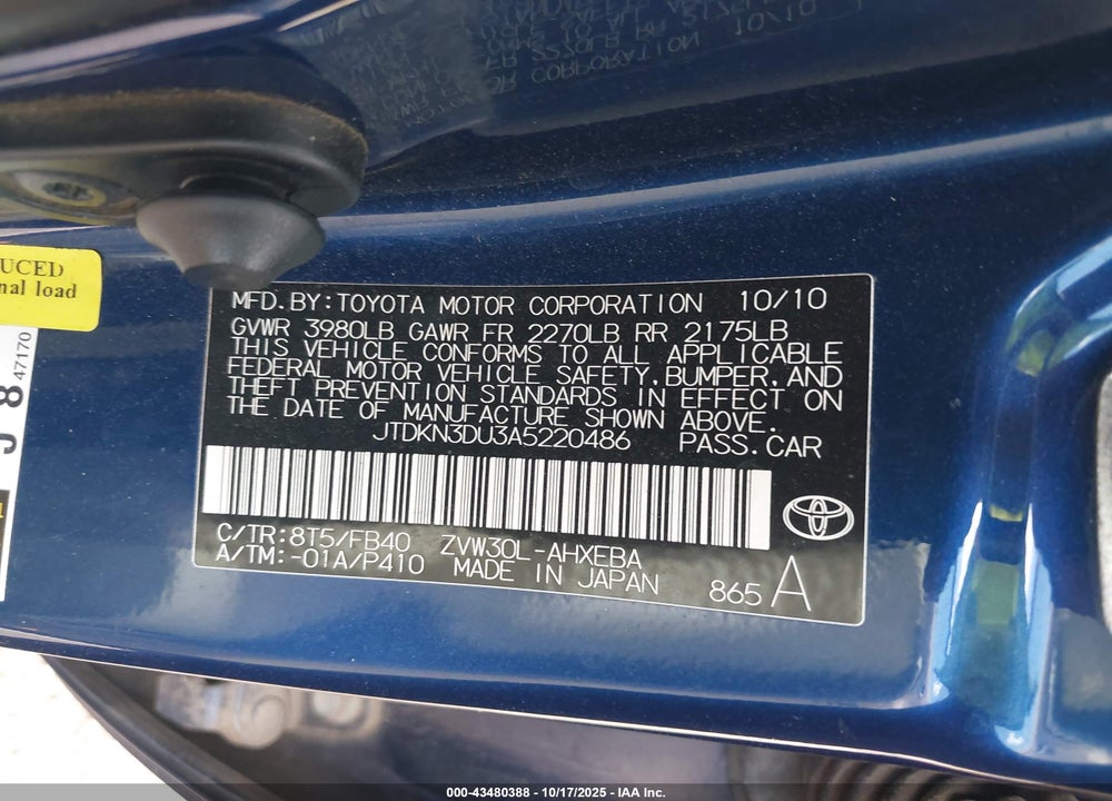 2010 TOYOTA PRIUS II VIN: JTDKN3DU3A5220486