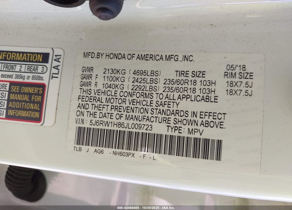 2018 HONDA CR-V EX-L/EX-L NAVI VIN: 5J6RW1H86JL009723