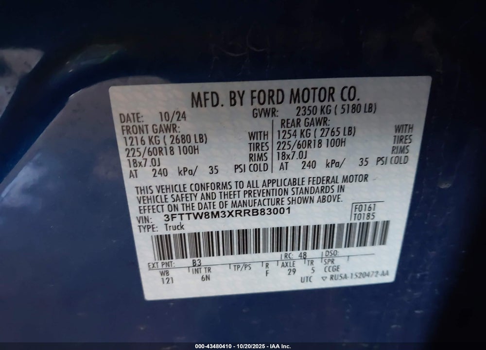 2024 FORD MAVERICK LARIAT VIN: 3FTTW8M3XRRB83001
