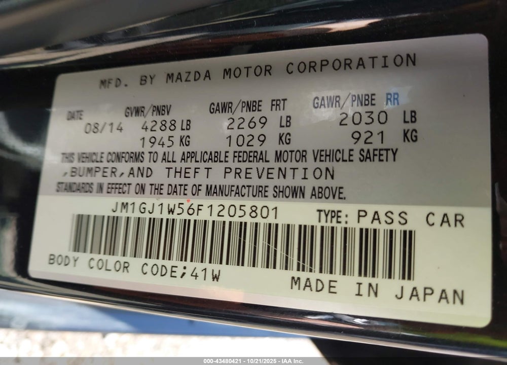 2015 MAZDA 6 VIN: JM1GJ1W56F1205801