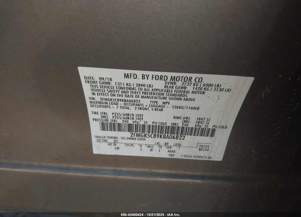 2019 FORD FLEX SEL VIN: 2FMGK5C89KBA06822