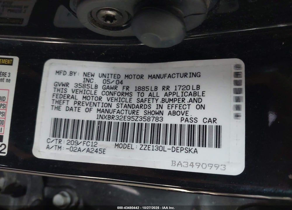2005 TOYOTA COROLLA S VIN: 1NXBR32E95Z358783