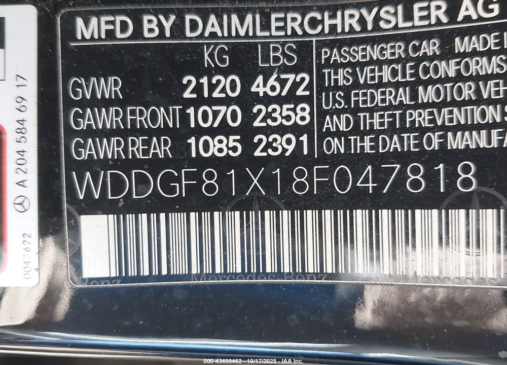 2008 MERCEDES-BENZ C CLASS VIN: WDDGF81X18F047818