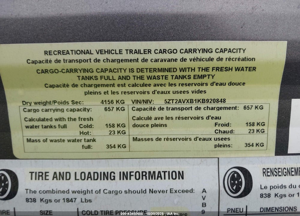 2019 FOREST RIVER AVENGER VIN: 5ZT2AVXB1KB920848