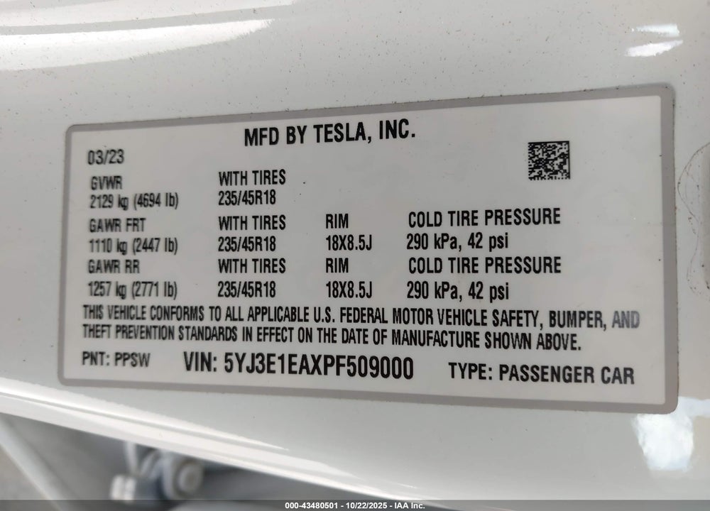 2023 TESLA MODEL 3 REAR-WHEEL DRIVE VIN: 5YJ3E1EAXPF509000
