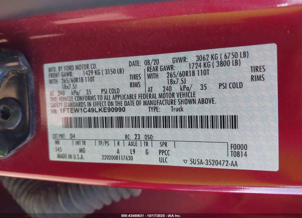 2020 FORD F-150 XLT VIN: 1FTEW1C49LKE90990