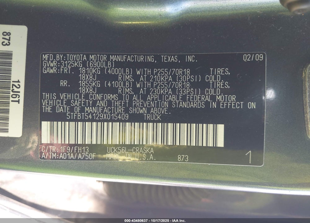 2009 TOYOTA TUNDRA GRADE 4.7L V8 VIN: 5TFBT54129X015409