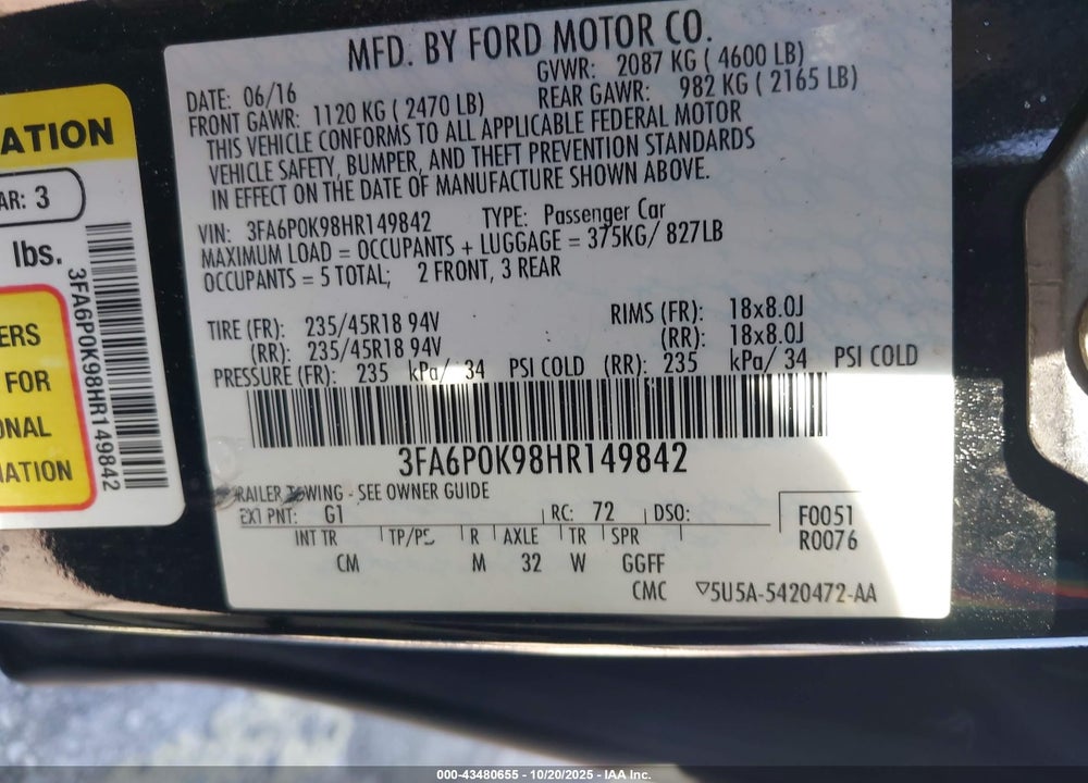 2017 FORD FUSION TITANIUM VIN: 3FA6P0K98HR149842