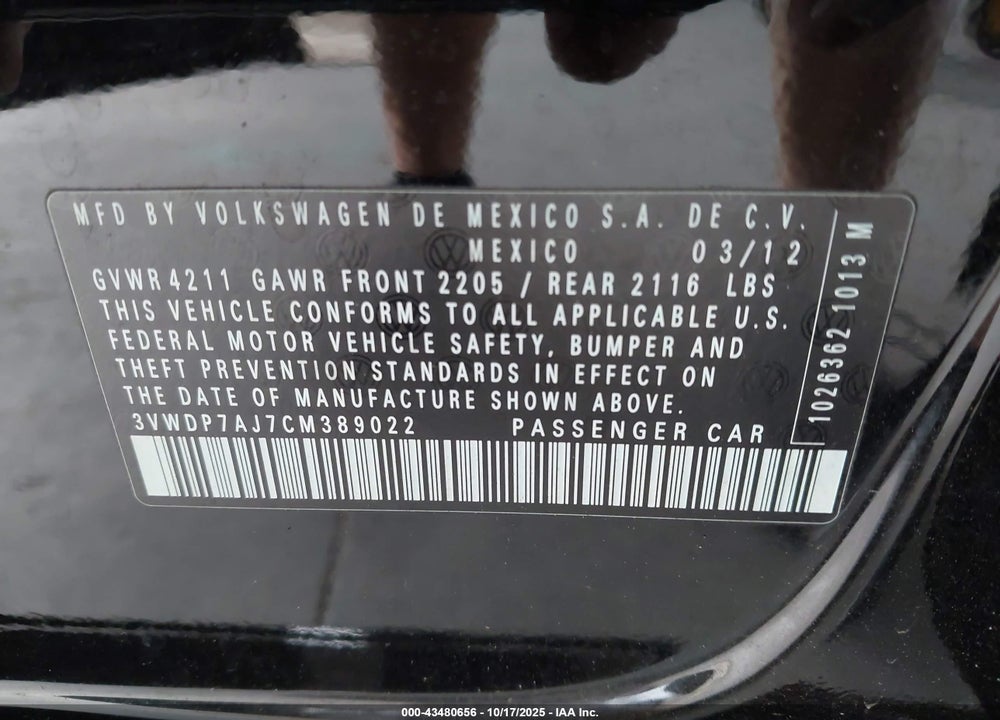 2012 VOLKSWAGEN JETTA VIN: 3VWDP7AJ7CM389022