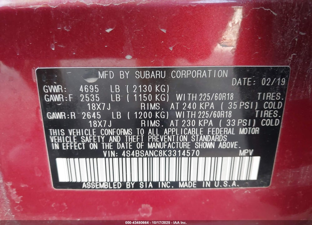 2019 SUBARU OUTBACK 2.5I LIMITED VIN: 4S4BSANC8K3314570