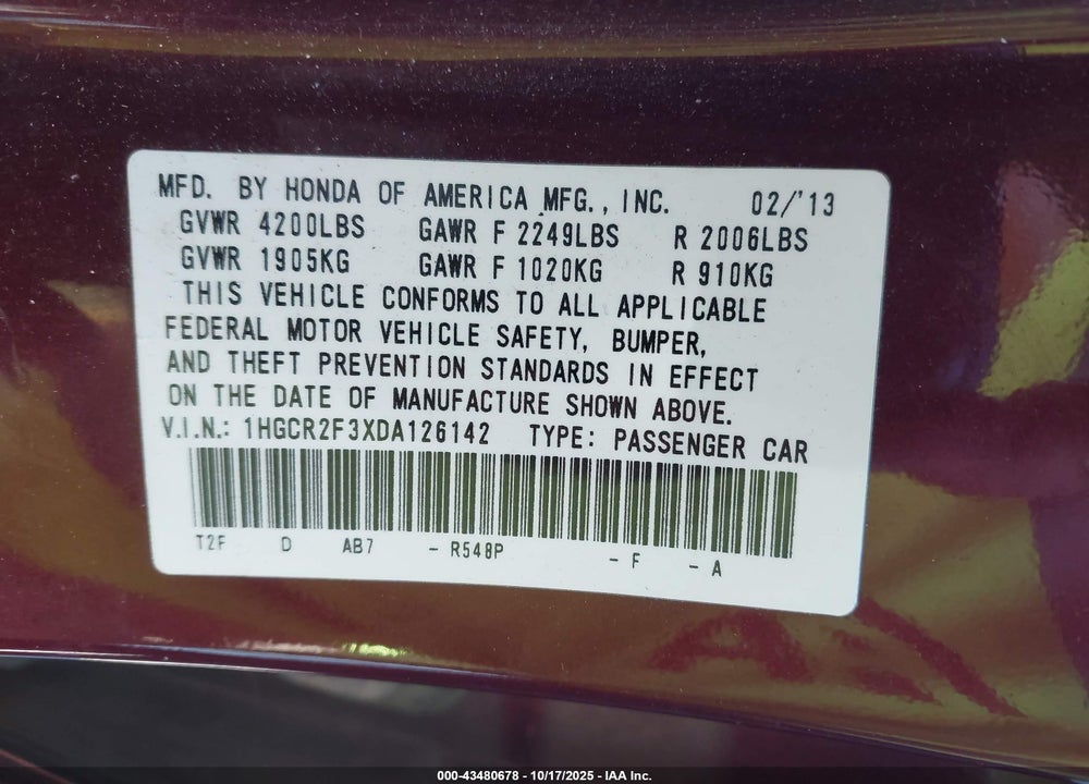 2013 HONDA ACCORD LX VIN: 1HGCR2F3XDA126142