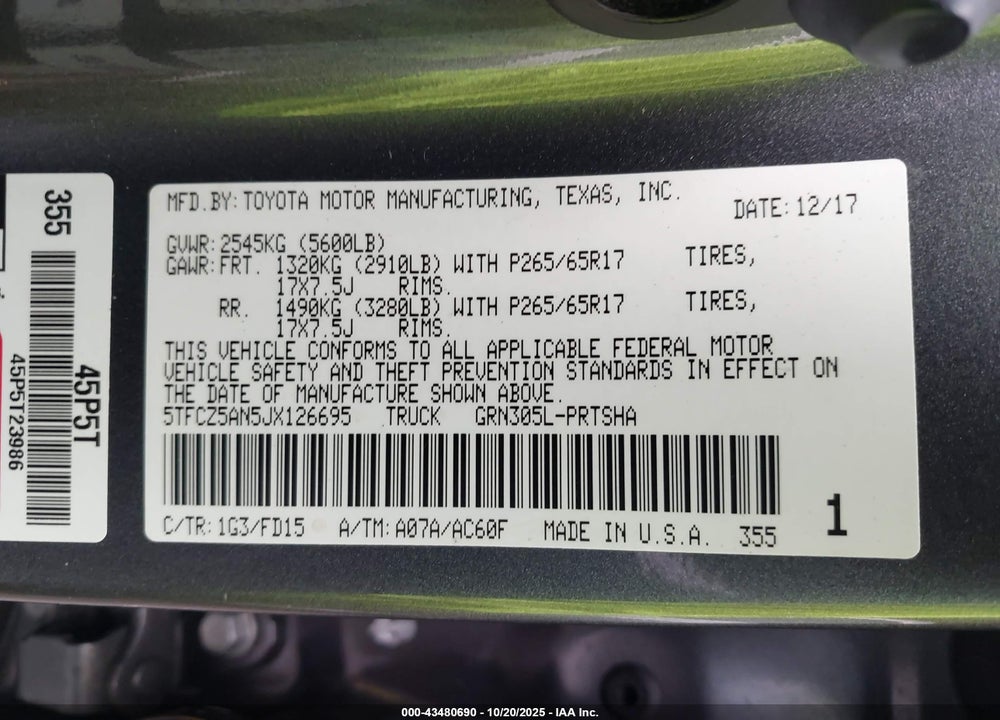 2018 TOYOTA TACOMA VIN: 5TFCZ5AN5JX126695