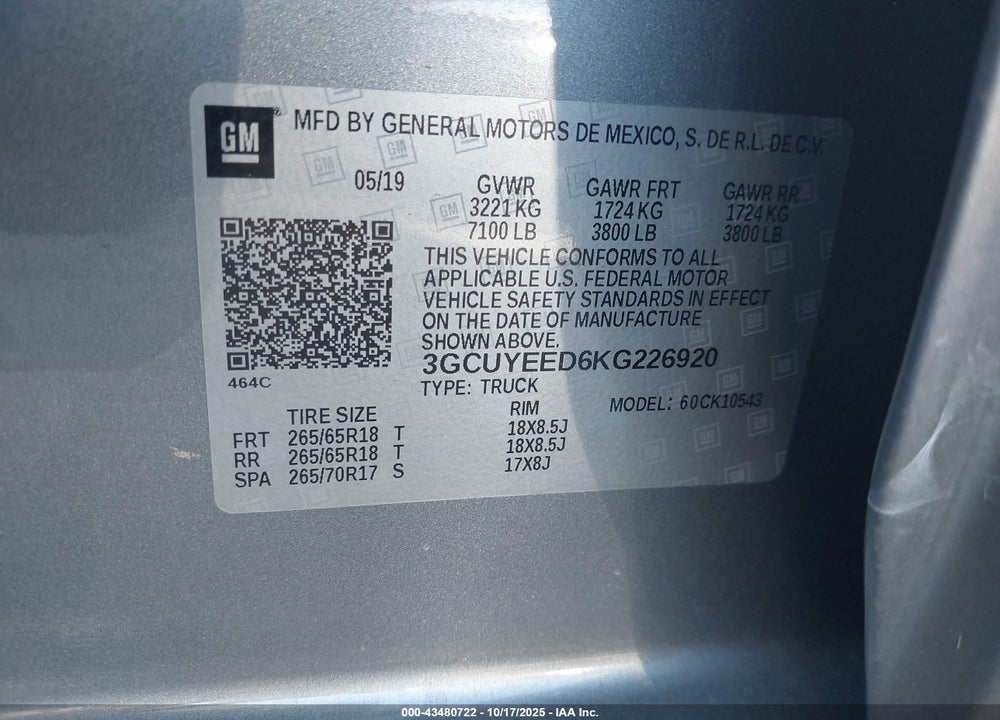2019 CHEVROLET SILVERADO 1500 RST VIN: 3GCUYEED6KG226920