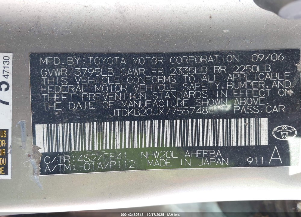 2007 TOYOTA PRIUS VIN: JTDKB20UX77557484