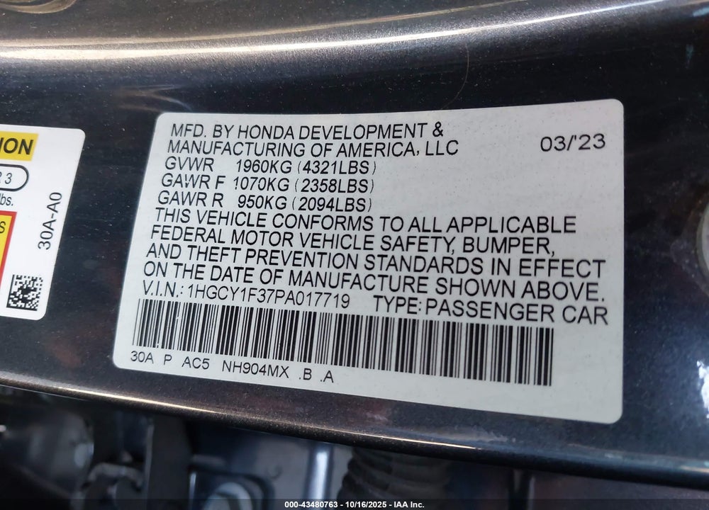 2023 HONDA ACCORD EX VIN: 1HGCY1F37PA017719