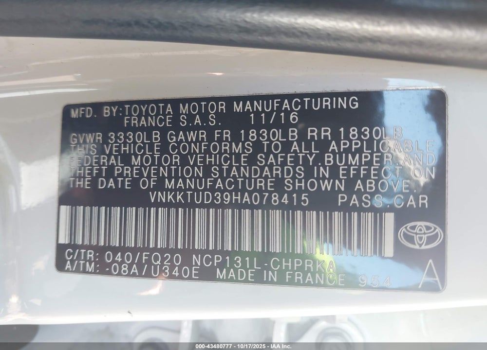 2017 TOYOTA YARIS VIN: VNKKTUD39HA078415