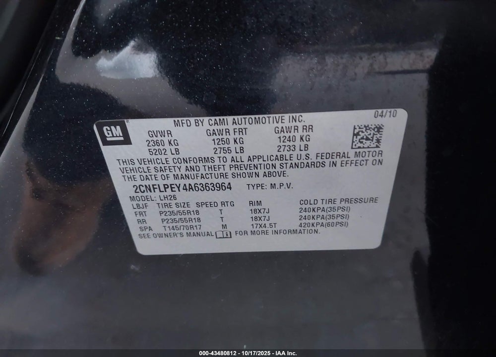2010 CHEVROLET EQUINOX VIN: 2CNFLPEY4A6363964